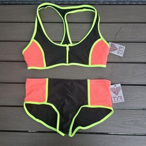 TYR Women Zip Racerback (XL)  & Matching Boyshorts (L) Bikini Neon/black  New